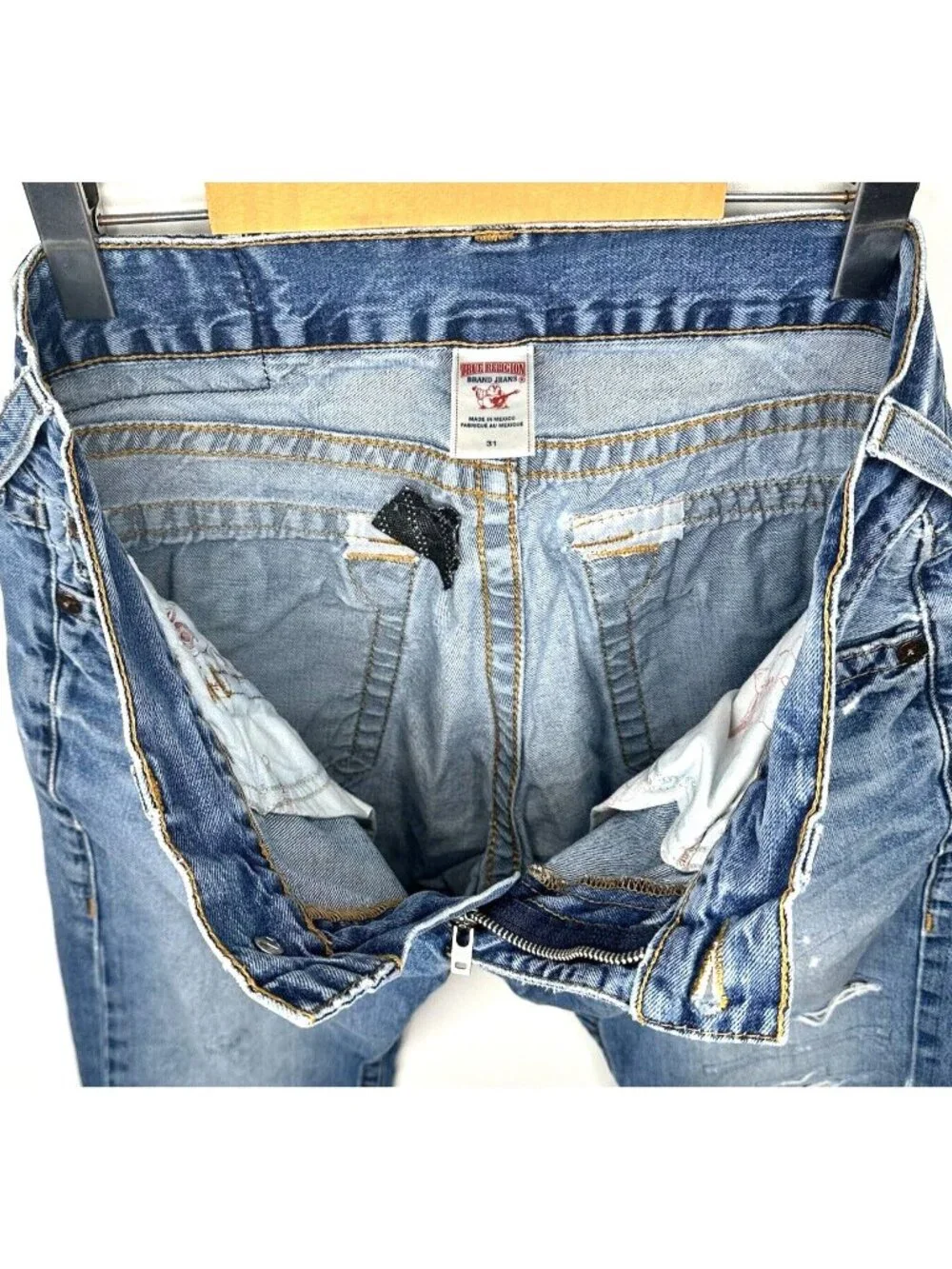 True Religion BOLM Deer Hollow Jeans Men 31 Straight Distressed Blue Flap Pocket